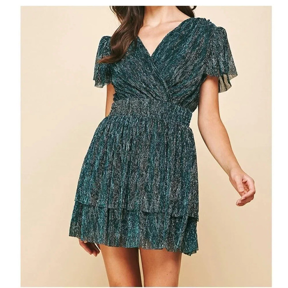 PINCH Green Metallic Tiered Mini Dress Size M - Picture 1 of 7